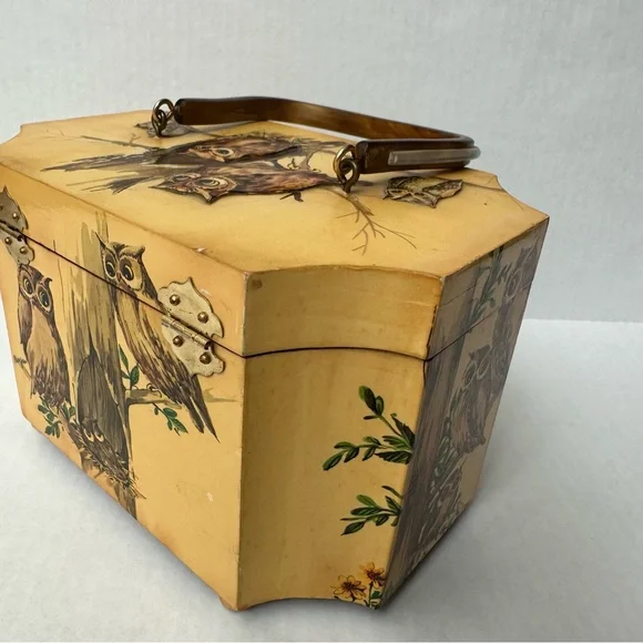 Wood Box 3D Decoupage Purse Octagon Brass Clasp Owls Vintage 60s/70s - Picture 5 of 16